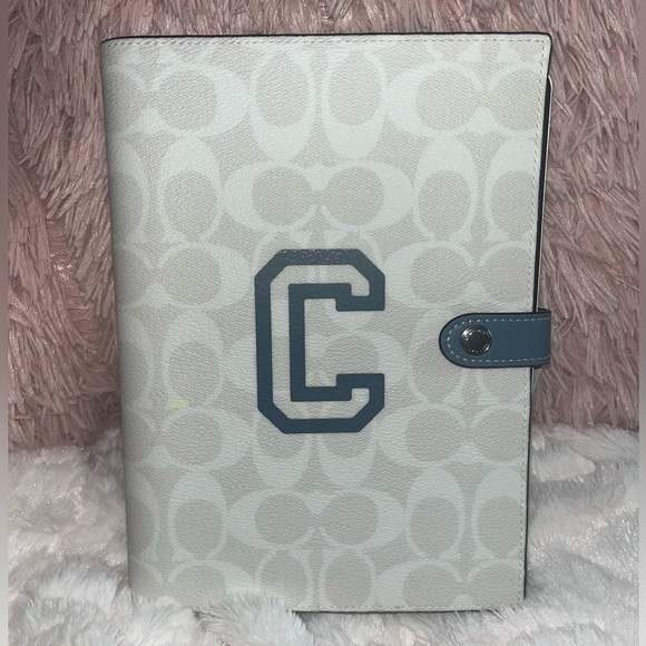 NEW Coach Signature Print Varsity Motif Chalk Blue Multi Canvas Leather Notebook - Picture 10 of 16